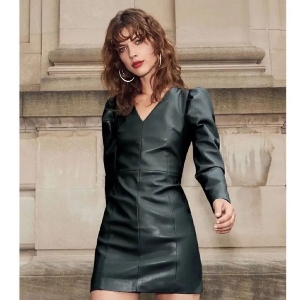 NEW AQUA Green Leather Long Sleeve Dress